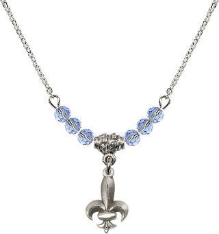18" Rhodium Plated Necklace with 4mm Light Sapphire Crystal Beads featuring a Sterling Silver Fleur de Lis Medal.