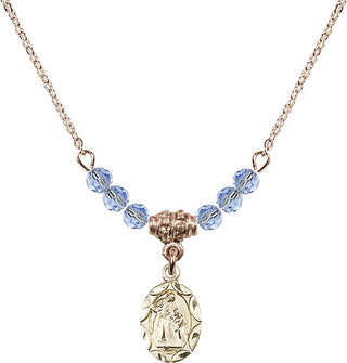 18" Hamilton Gold Plated Necklace with 4mm Light Sapphire Crystal Beads featuring a 14kt Gold Filled Saint Ann Medal.