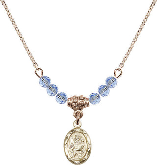 18" Hamilton Gold Plated Necklace with 4mm Light Sapphire Crystal Beads featuring a 14kt Gold Filled Saint Christopher Medal.