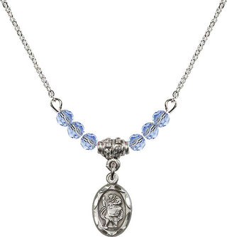 18" Rhodium Plated Necklace with 4mm Light Sapphire Crystal Beads featuring a Sterling Silver Saint Christopher Medal.