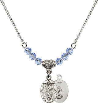 18" Rhodium Plated Necklace with 4mm Light Sapphire Crystal Beads featuring a Sterling Silver Our Lady of Guadalupe Medal.