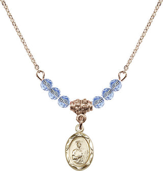 18" Hamilton Gold Plated Necklace with 4mm Light Sapphire Crystal Beads featuring a 14kt Gold Filled Saint Jude Medal.