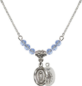 18" Rhodium Plated Necklace with 4mm Light Sapphire Crystal Beads featuring a Sterling Silver Miraculous Medal.