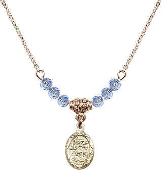 18" Hamilton Gold Plated Necklace with 4mm Light Sapphire Crystal Beads featuring a 14kt Gold Filled Saint Michael the Archangel Medal.