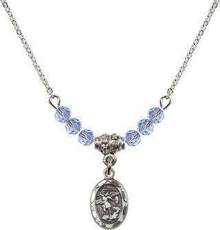 18" Rhodium Plated Necklace with 4mm Light Sapphire Crystal Beads featuring a Sterling Silver Saint Michael the Archangel Medal.