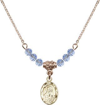 18" Hamilton Gold Plated Necklace with 4mm Light Sapphire Crystal Beads featuring a 14kt Gold Filled Scapular Medal.