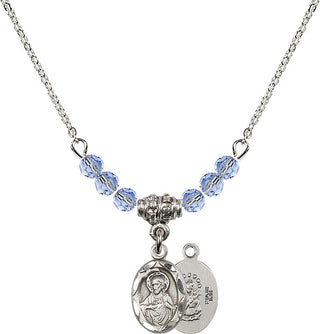18" Rhodium Plated Necklace with 4mm Light Sapphire Crystal Beads featuring a Sterling Silver Scapular Medal.