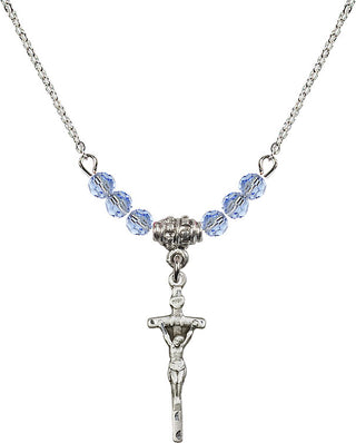 18" Rhodium Plated Necklace with 4mm Light Sapphire Crystal Beads featuring a Sterling Silver Papal Crucifix Medal.