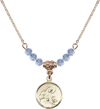18" Hamilton Gold Plated Necklace with 4mm Light Sapphire Crystal Beads featuring a 14kt Gold Filled Saint Ann Medal. Engraved Catholic Saint Jewelry