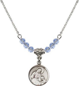 18" Rhodium Plated Necklace with 4mm Light Sapphire Crystal Beads featuring a Sterling Silver Saint Ann Medal. Engraved Catholic Saint Jewelry