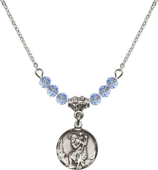 18" Rhodium Plated Necklace with 4mm Light Sapphire Crystal Beads featuring a Sterling Silver Saint Christopher Medal. Engraved Catholic Saint Jewelry