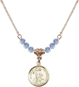 18" Hamilton Gold Plated Necklace with 4mm Light Sapphire Crystal Beads featuring a 14kt Gold Filled Guardian Angel Medal. Engraved Catholic Saint Jewelry