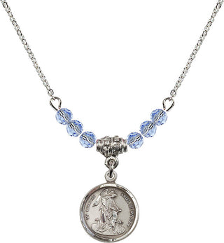 18" Rhodium Plated Necklace with 4mm Light Sapphire Crystal Beads featuring a Sterling Silver Guardian Angel Medal. Engraved Catholic Saint Jewelry