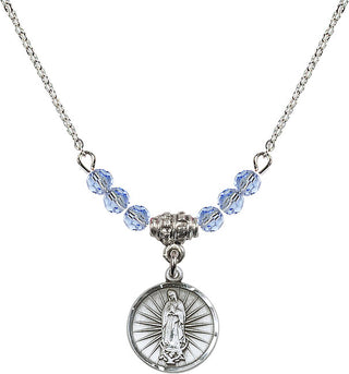 18" Rhodium Plated Necklace with 4mm Light Sapphire Crystal Beads featuring a Sterling Silver Our Lady of Guadalupe Medal. Engraved Catholic Saint Jewelry