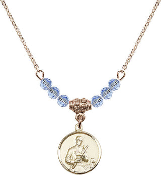 18" Hamilton Gold Plated Necklace with 4mm Light Sapphire Crystal Beads featuring a 14kt Gold Filled Saint Gerard Medal. Engraved Catholic Saint Jewelry
