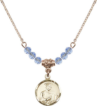 18" Hamilton Gold Plated Necklace with 4mm Light Sapphire Crystal Beads featuring a 14kt Gold Filled Saint Jude Medal. Engraved Catholic Saint Jewelry