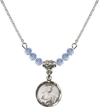18" Rhodium Plated Necklace with 4mm Light Sapphire Crystal Beads featuring a Sterling Silver Saint Jude Medal. Engraved Catholic Saint Jewelry