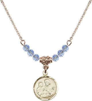 18" Hamilton Gold Plated Necklace with 4mm Light Sapphire Crystal Beads featuring a 14kt Gold Filled Saint Joseph Medal. Engraved Catholic Saint Jewelry