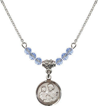 18" Rhodium Plated Necklace with 4mm Light Sapphire Crystal Beads featuring a Sterling Silver Saint Joseph Medal. Engraved Catholic Saint Jewelry
