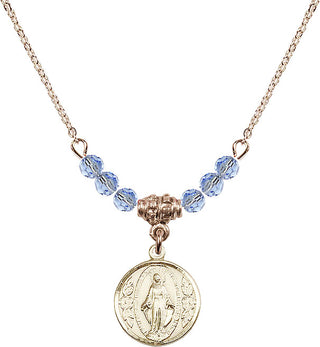 18" Hamilton Gold Plated Necklace with 4mm Light Sapphire Crystal Beads featuring a 14kt Gold Filled Miraculous Medal.