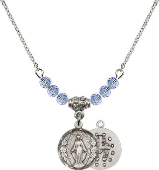 18" Rhodium Plated Necklace with 4mm Light Sapphire Crystal Beads featuring a Sterling Silver Miraculous Medal.