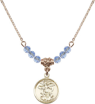 18" Hamilton Gold Plated Necklace with 4mm Light Sapphire Crystal Beads featuring a 14kt Gold Filled Saint Michael the Archangel Medal.