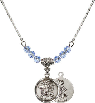 18" Rhodium Plated Necklace with 4mm Light Sapphire Crystal Beads featuring a Sterling Silver Saint Michael the Archangel Medal.