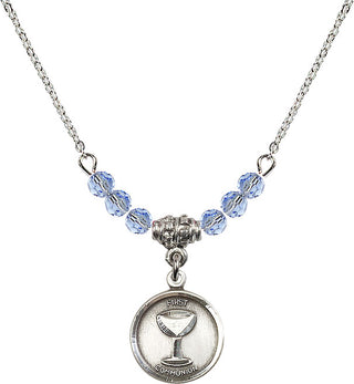18" Rhodium Plated Necklace with 4mm Light Sapphire Crystal Beads featuring a Sterling Silver Communion Medal. Engraved Catholic Saint Jewelry