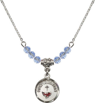 18" Rhodium Plated Necklace with 4mm Light Sapphire Crystal Beads featuring a Sterling Silver Confirmation Medal. Engraved Catholic Saint Jewelry