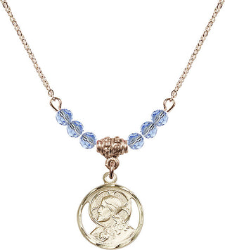 18" Hamilton Gold Plated Necklace with 4mm Light Sapphire Crystal Beads featuring a 14kt Gold Filled Scapular Medal.
