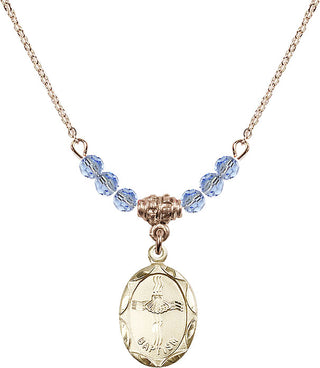 18" Hamilton Gold Plated Necklace with 4mm Light Sapphire Crystal Beads featuring a 14kt Gold Filled Baptism Medal. Engraved Catholic Saint Jewelry