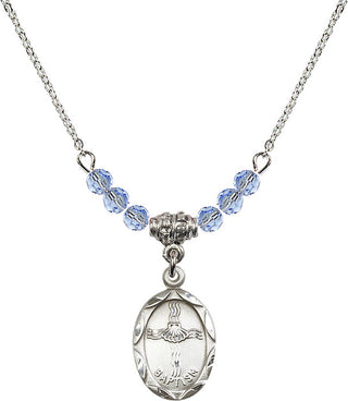 18" Rhodium Plated Necklace with 4mm Light Sapphire Crystal Beads featuring a Sterling Silver Baptism Medal. Engraved Catholic Saint Jewelry