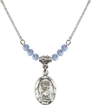 18" Rhodium Plated Necklace with 4mm Light Sapphire Crystal Beads featuring a Sterling Silver Saint Christopher Medal. Engraved Catholic Saint Jewelry