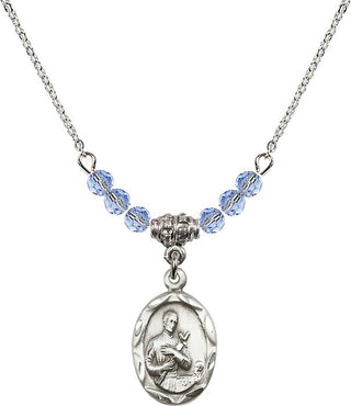 18" Rhodium Plated Necklace with 4mm Light Sapphire Crystal Beads featuring a Sterling Silver Saint Gerard Medal. Engraved Catholic Saint Jewelry