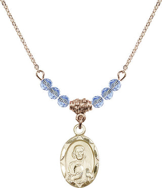 18" Hamilton Gold Plated Necklace with 4mm Light Sapphire Crystal Beads featuring a 14kt Gold Filled Saint Jude Medal. Engraved Catholic Saint Jewelry