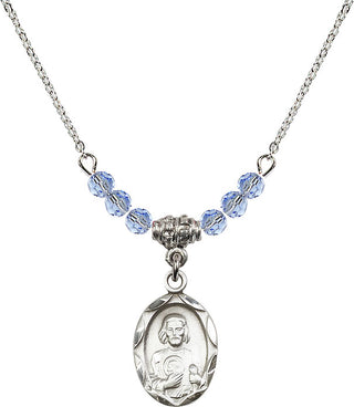 18" Rhodium Plated Necklace with 4mm Light Sapphire Crystal Beads featuring a Sterling Silver Saint Jude Medal. Engraved Catholic Saint Jewelry