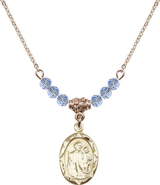 18" Hamilton Gold Plated Necklace with 4mm Light Sapphire Crystal Beads featuring a 14kt Gold Filled Saint Joseph Medal. Engraved Catholic Saint Jewelry