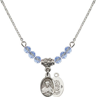 18" Rhodium Plated Necklace with 4mm Light Sapphire Crystal Beads featuring a Sterling Silver Scapular Medal.