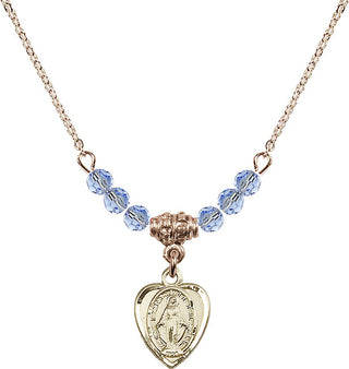 18" Hamilton Gold Plated Necklace with 4mm Light Sapphire Crystal Beads featuring a 14kt Gold Filled Miraculous Medal.