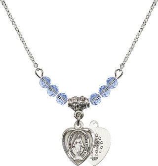 18" Rhodium Plated Necklace with 4mm Light Sapphire Crystal Beads featuring a Sterling Silver Miraculous Medal.