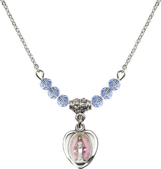 18" Rhodium Plated Necklace with 4mm Light Sapphire Crystal Beads featuring a Sterling Silver Miraculous Medal.