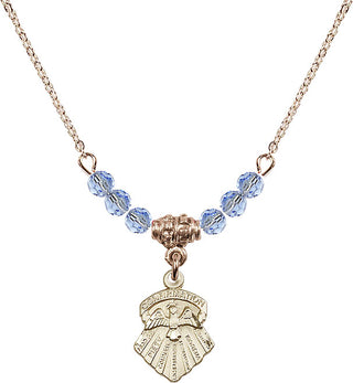 18" Hamilton Gold Plated Necklace with 4mm Light Sapphire Crystal Beads featuring a 14kt Gold Filled Seven Gifts Medal.