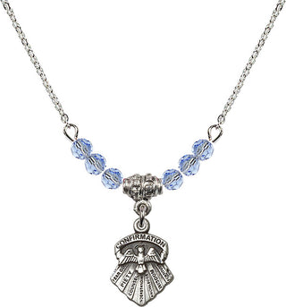 18" Rhodium Plated Necklace with 4mm Light Sapphire Crystal Beads featuring a Sterling Silver Seven Gifts Medal.
