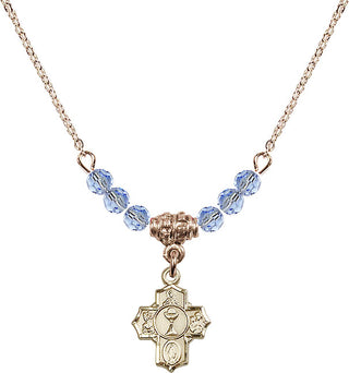 18" Hamilton Gold Plated Necklace with 4mm Light Sapphire Crystal Beads featuring a 14kt Gold Filled Communion 5-Way Medal.
