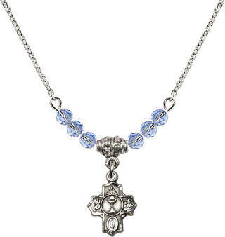 18" Rhodium Plated Necklace with 4mm Light Sapphire Crystal Beads featuring a Sterling Silver Communion 5-Way Medal.