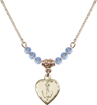 18" Hamilton Gold Plated Necklace with 4mm Light Sapphire Crystal Beads featuring a 14kt Gold Filled Heart / Confirmation Medal.