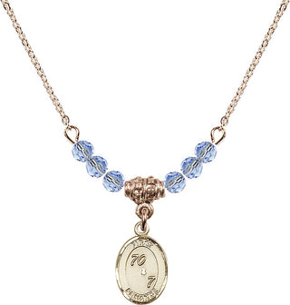 18" Hamilton Gold Plated Necklace with 4mm Light Sapphire Crystal Beads featuring a 14kt Gold Filled First Penance Medal.