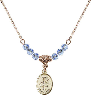 18" Hamilton Gold Plated Necklace with 4mm Light Sapphire Crystal Beads featuring a 14kt Gold Filled Matrimony Medal.