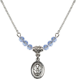 18" Rhodium Plated Necklace with 4mm Light Sapphire Crystal Beads featuring a Sterling Silver Confirmation Medal.