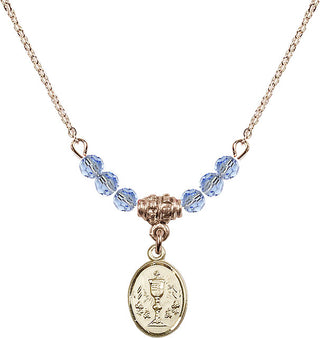 18" Hamilton Gold Plated Necklace with 4mm Light Sapphire Crystal Beads featuring a 14kt Gold Filled Chalice Medal.